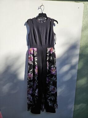 Sleeveless Black Floral Jumpsuit with Skirt Overlay Size 6
